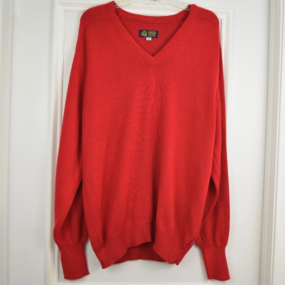 VTG Egyptian Cotton Pullover Sweater Men Large V Neck Red USA Made Golf Preppy - Picture 1 of 11